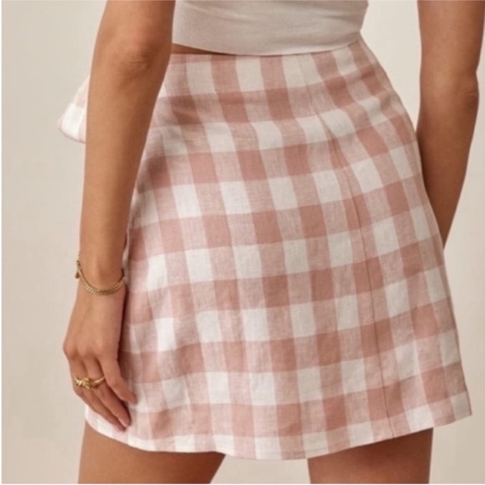 NWOT Reformation Sax Side Tie Wrap Checkered Allover Pattern Linen Miniskirt SM - Picture 2 of 5